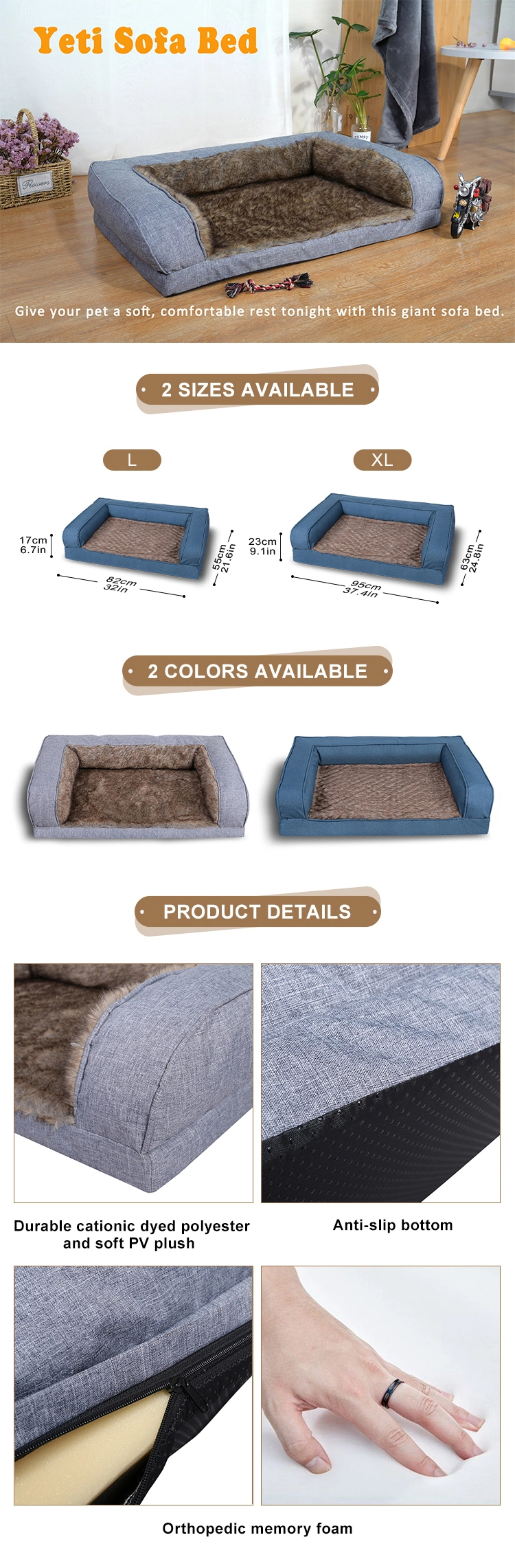 Pet Products Supply Foldable Luxury Large XL Washable Plush Warmth Cat Dog Sofa Pet Bed