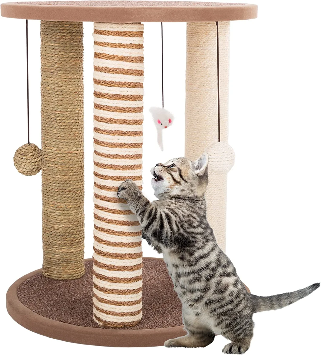 Cat Scratching Post Tower with 3 Scratcher Posts, Carpeted Base Play Area and Perch &ndash; Furniture Scratching Deterrent for Indoor Cats by Petmaker
