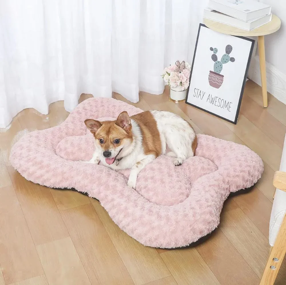 Hot Sale Bone Shape Rose Plush Pet Bed Soft Breathable Cat Dog Sofa Nest Pet Mattress