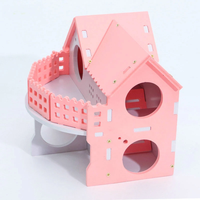2 Story Hamster House with Stairs Lovely Pet Pink Castle Hideout Mouse Rat Hamster Cage Nest Two Layer Wooden House Sleeping Exercising Playing Toy Wbb17424