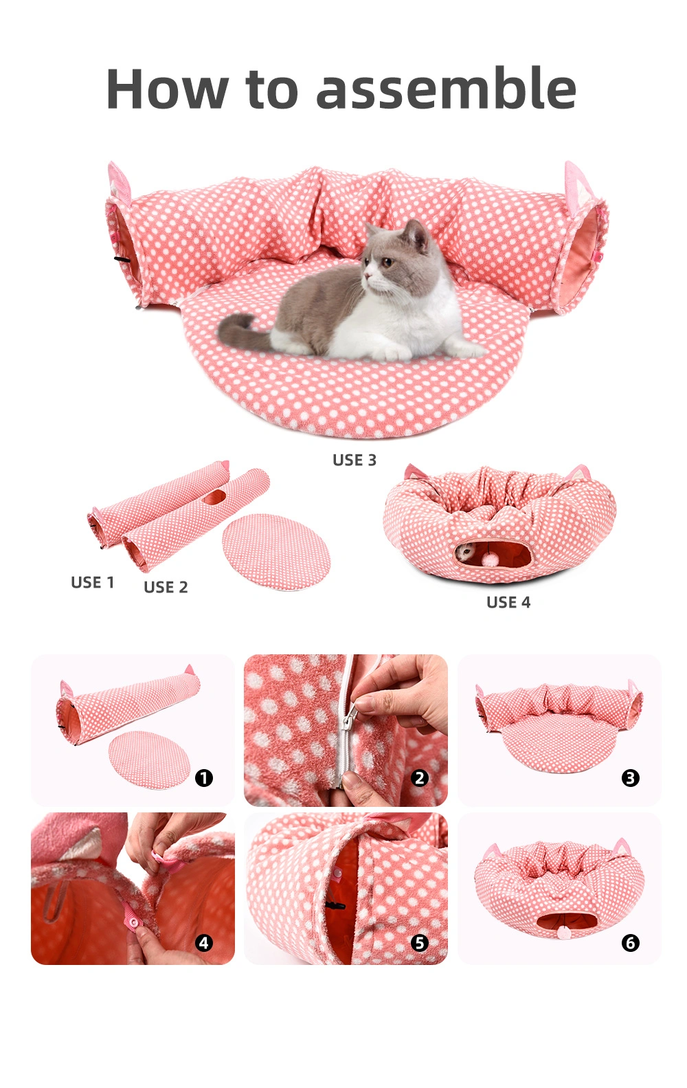 4 in 1 Pink DOT Sweet Style Pet Kitty Bed Detachable Foldable Cat Tunnel Bed