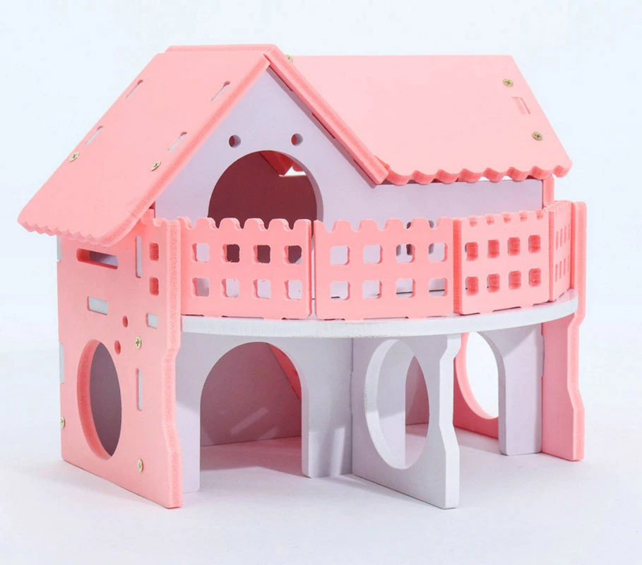 2 Story Hamster House with Stairs Lovely Pet Pink Castle Hideout Mouse Rat Hamster Cage Nest Two Layer Wooden House Sleeping Exercising Playing Toy Wbb17424