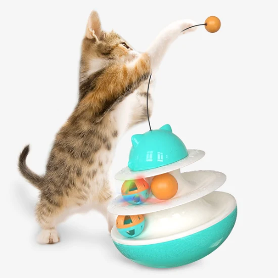 Voovpet Two Levels Pet Cat Toys Interactive Tumbler Tower Tracks Cat Intelligence Amusement Triple Disc Ball Training Plate Kitten